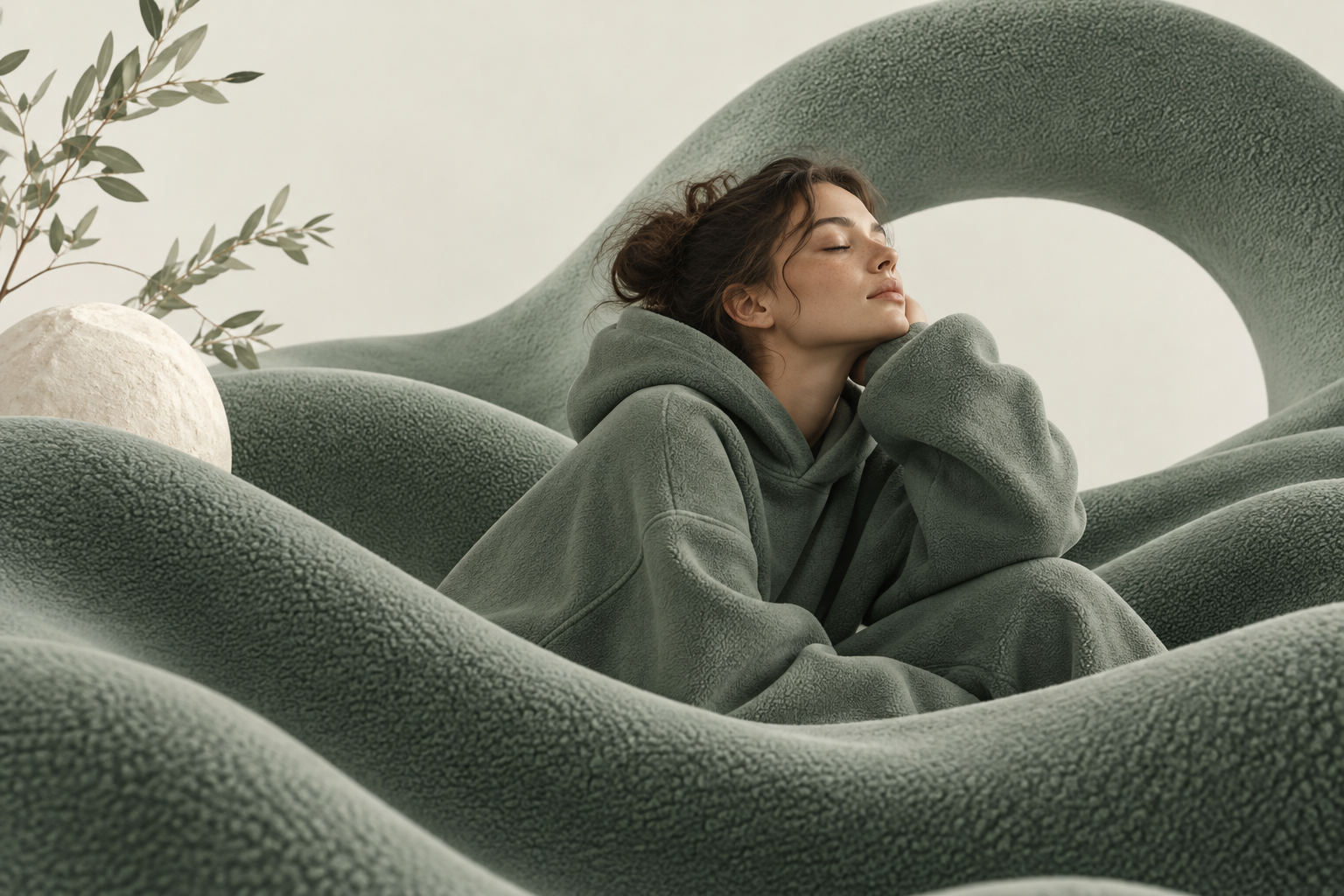 sage fleece texture curved into soft sculptural forms with cream background, cosy minimalist fashion editorial